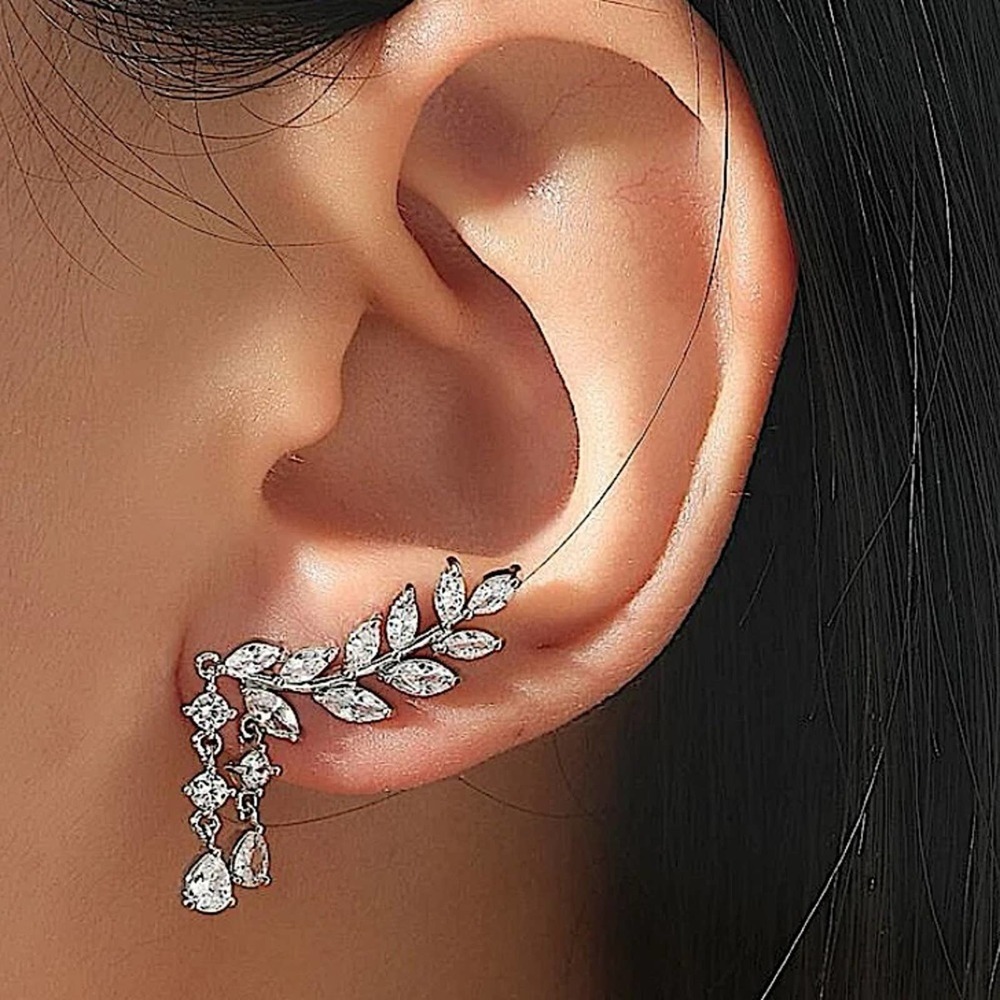 Silver Zircon Leaf Tassel Crystal Rhinestone Ear Climber Earrings